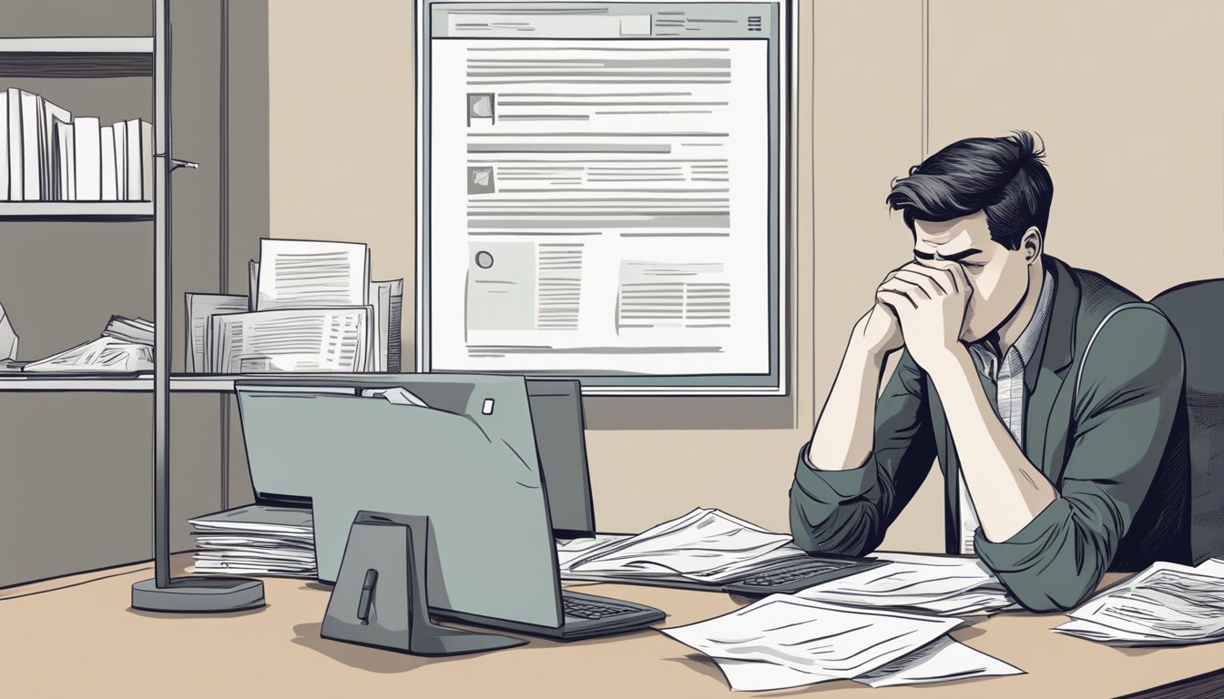 A dejected person sits in front of a computer screen with a rejected loan application displayed, while a bank letter lies crumpled on the desk