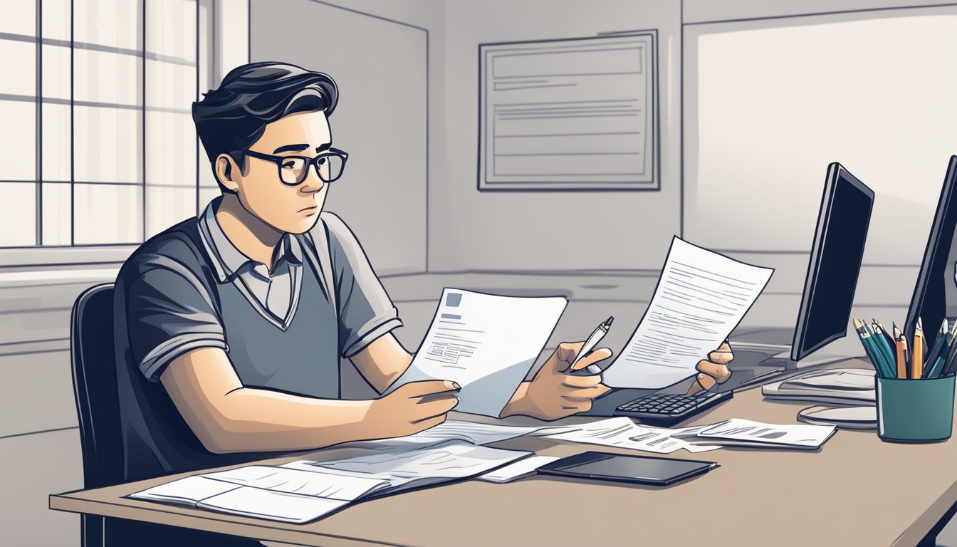 A person holding a rejection letter with a sad expression, sitting at a desk with a laptop and calculator