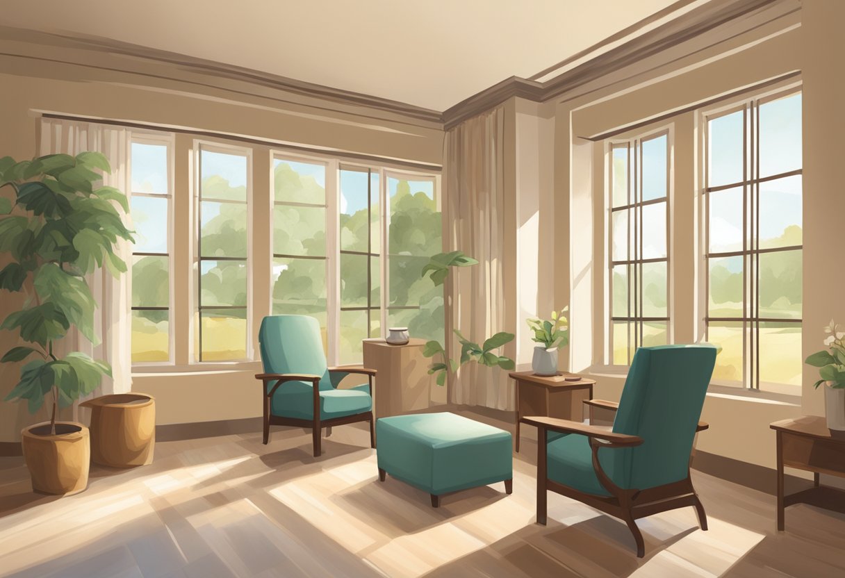 A serene room in a hospice facility, with soft natural light filtering in through the window. Comfortable chairs and warm decor create a peaceful and welcoming atmosphere