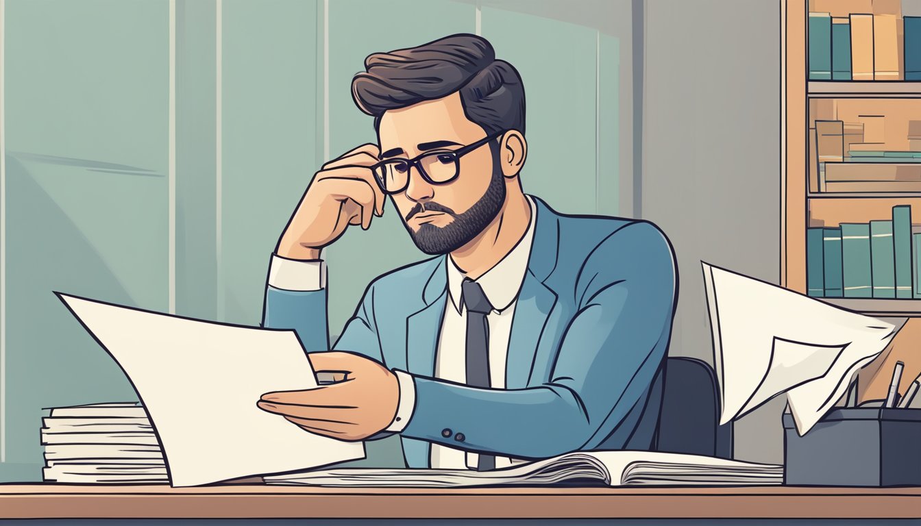 A person receiving a rejection letter for a personal loan, looking disappointed
