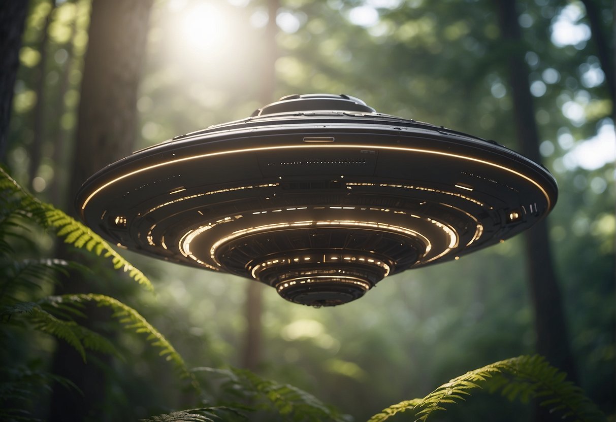 A circular spacecraft hovers above a lush forest, emitting a soft glow. Strange symbols appear to float in the air, pulsating with an otherworldly energy