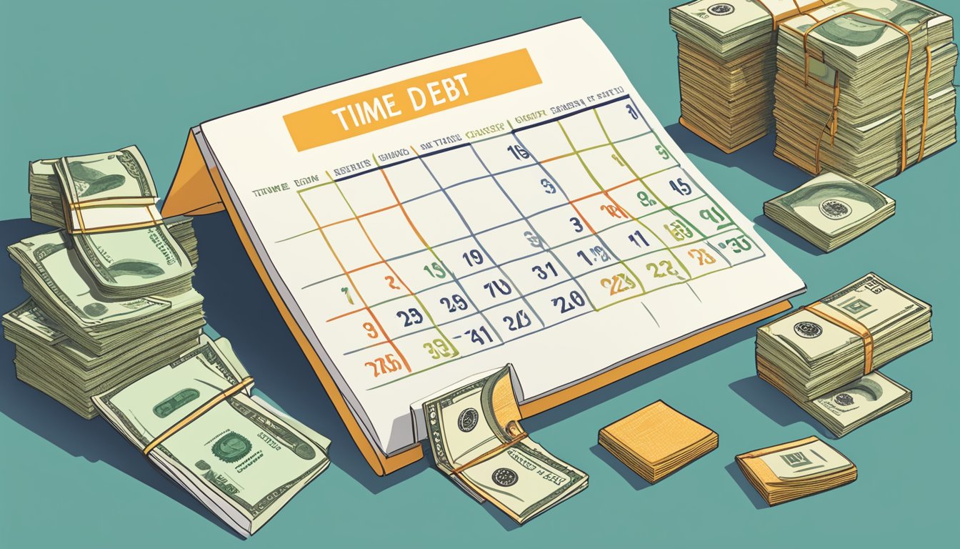 A calendar with marked dates, a pile of cash, and a graph showing steady decrease in debt over time