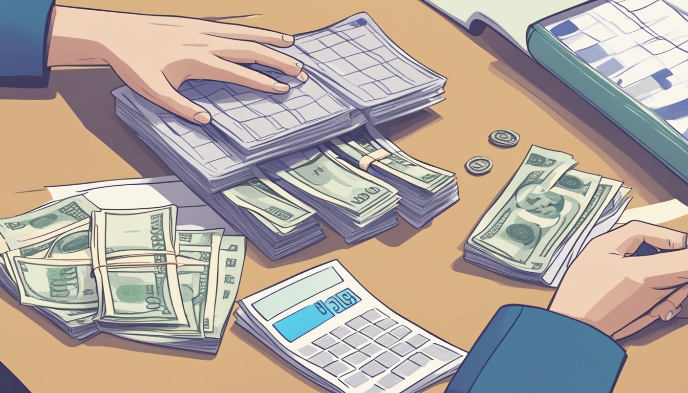 A person in Singapore is seen making regular loan repayments, with a calendar showing the loan period and a stack of money representing the amount owed