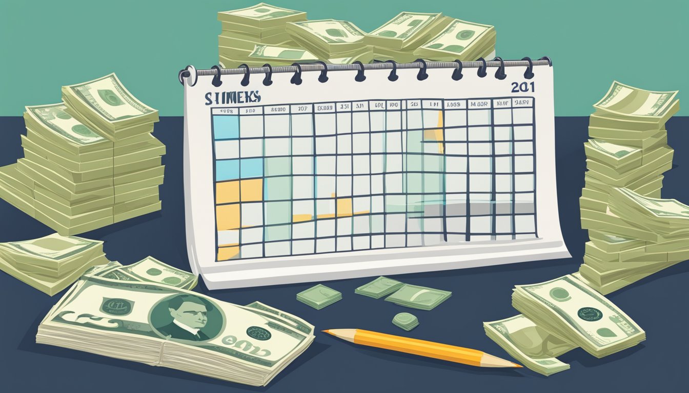 A calendar with marked dates and a stack of money next to it
