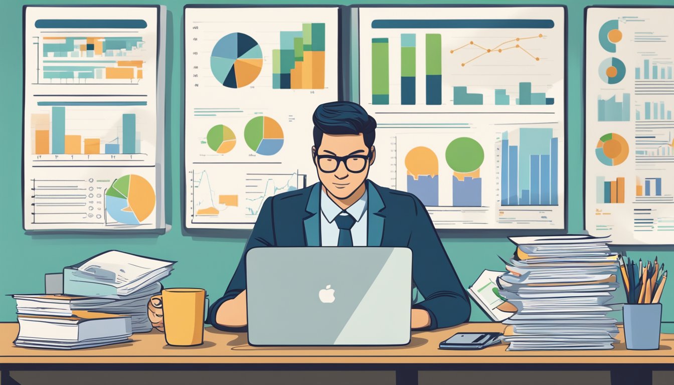 A person comparing loan offers at a desk with papers and a laptop, surrounded by charts and graphs