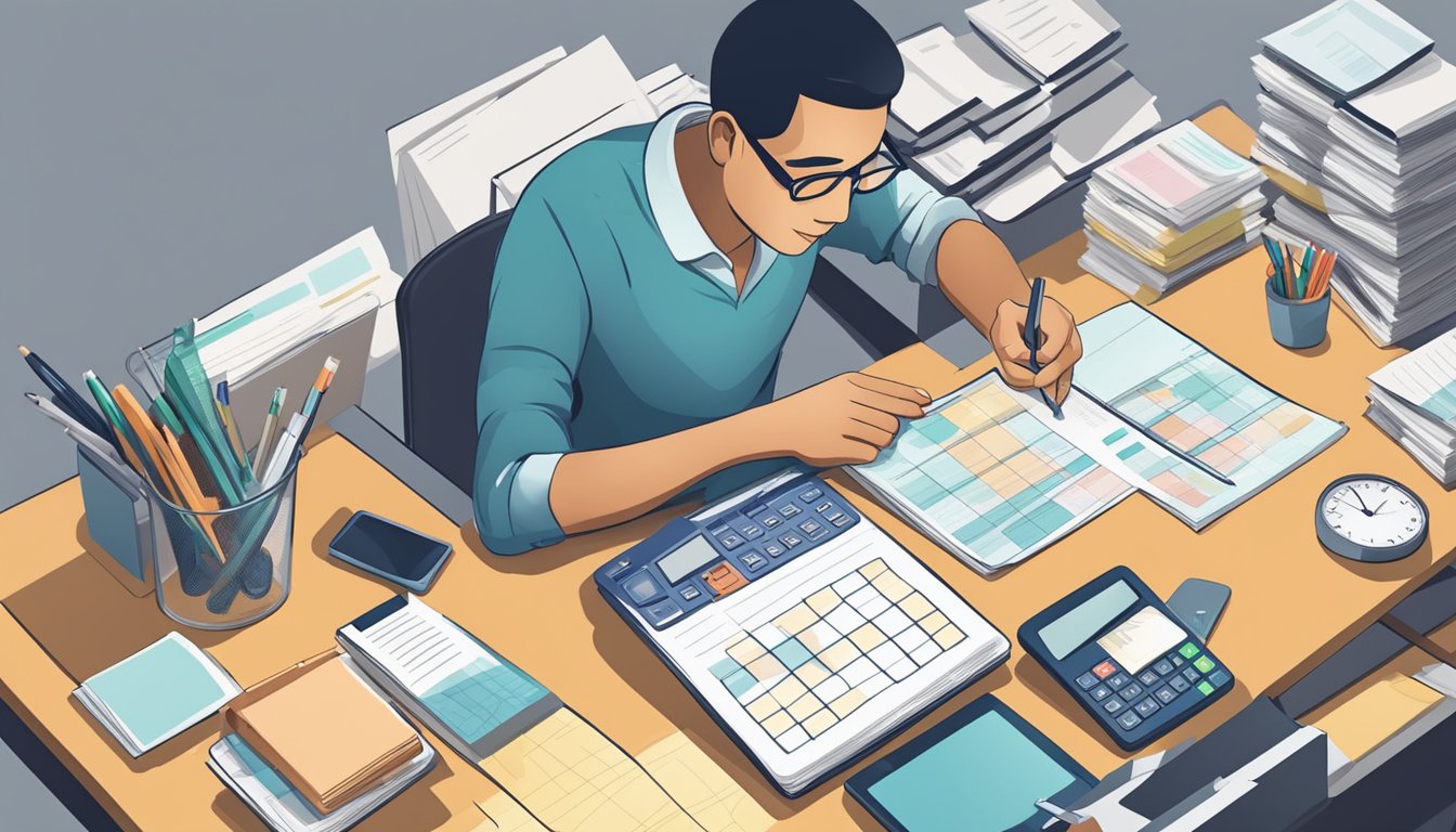 A person sits at a desk with a calculator and paperwork, organizing and managing their personal loan repayment plan in Singapore