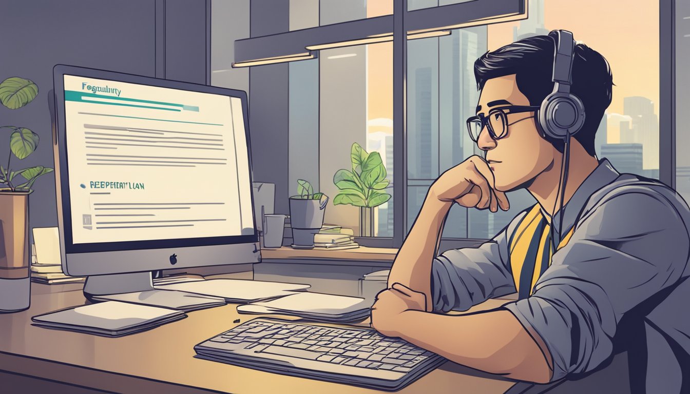 A person sitting at a desk, looking at a computer screen with the words "Frequently Asked Questions personal loan repayment period Singapore" displayed prominently