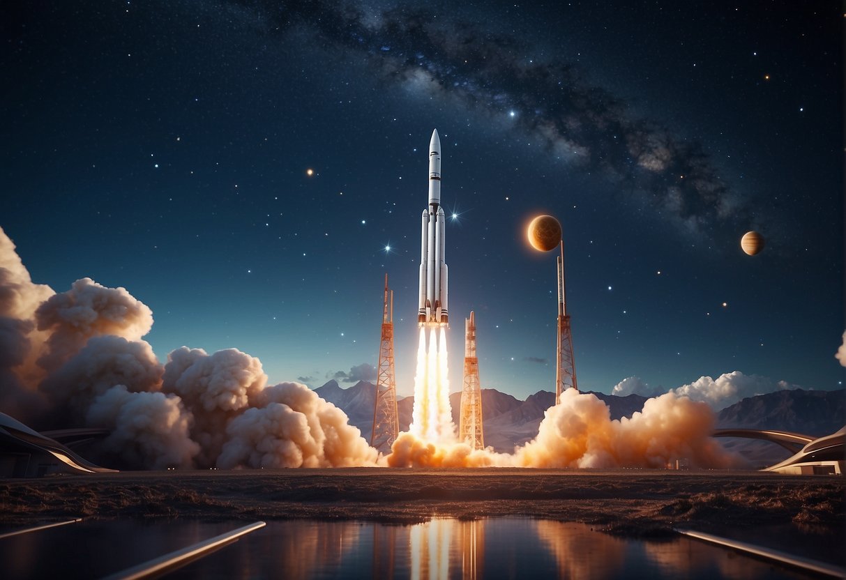A rocket launches from a futuristic spaceport, surrounded by advanced technology and bustling activity, against a backdrop of stars and distant planets
