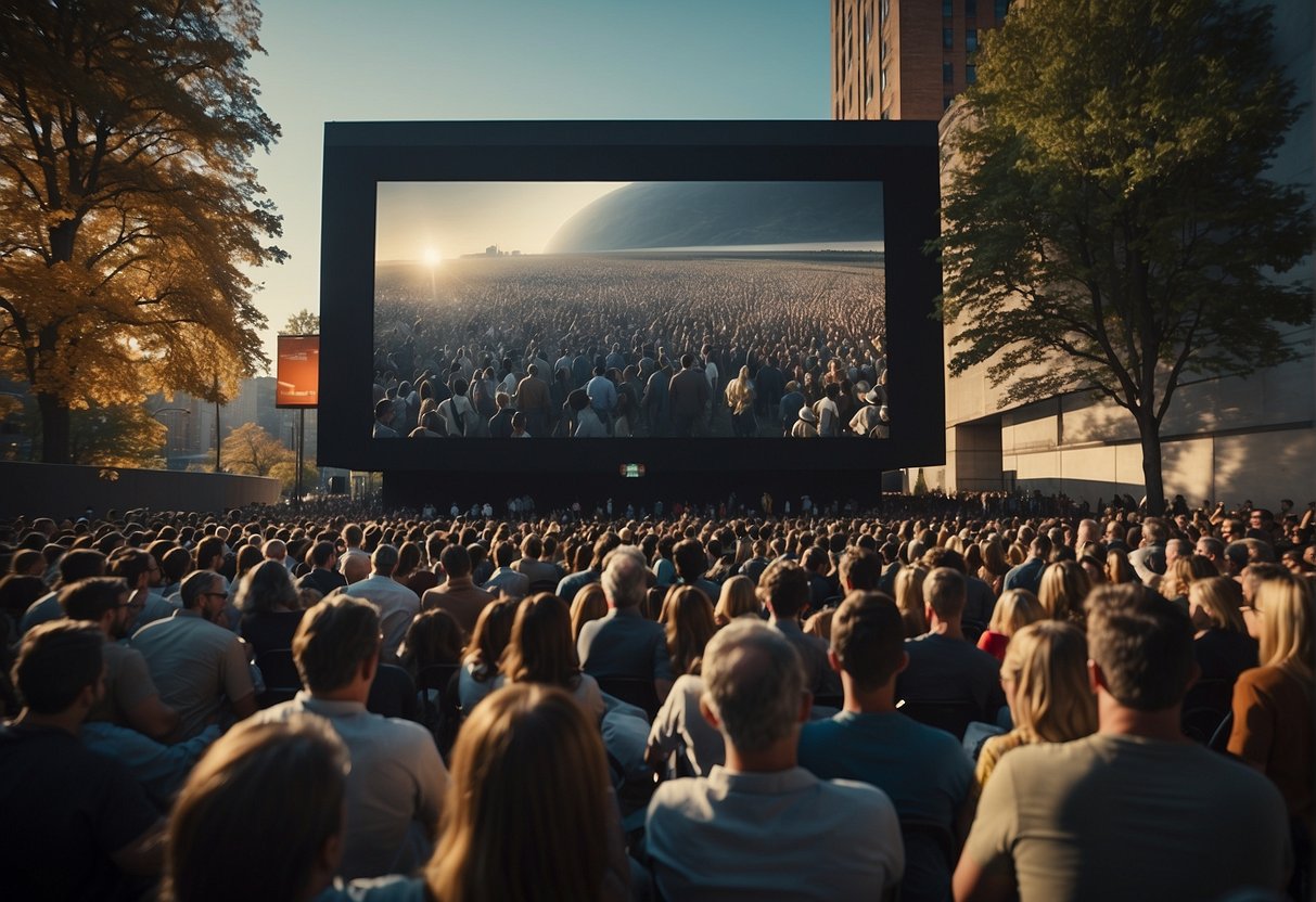 A bustling crowd gathers around a large outdoor screen, watching the premiere of "For All Mankind." The atmosphere is filled with excitement and wonder as people discuss the alternate histories and space exploration depicted in the show