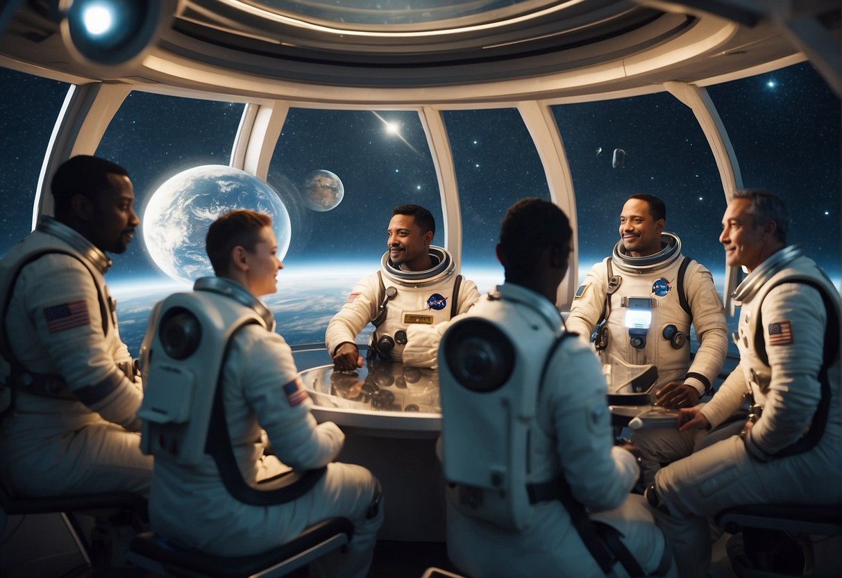A diverse group of astronauts from different backgrounds work together on a futuristic space station, symbolizing unity and progress in space exploration