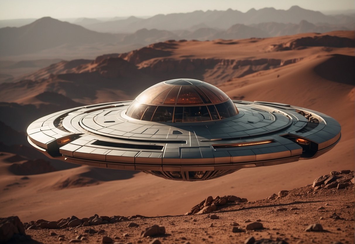 A spaceship hovers over a Martian landscape, with a red planet filling the background. The spaceship is sleek and futuristic, with solar panels glinting in the sunlight