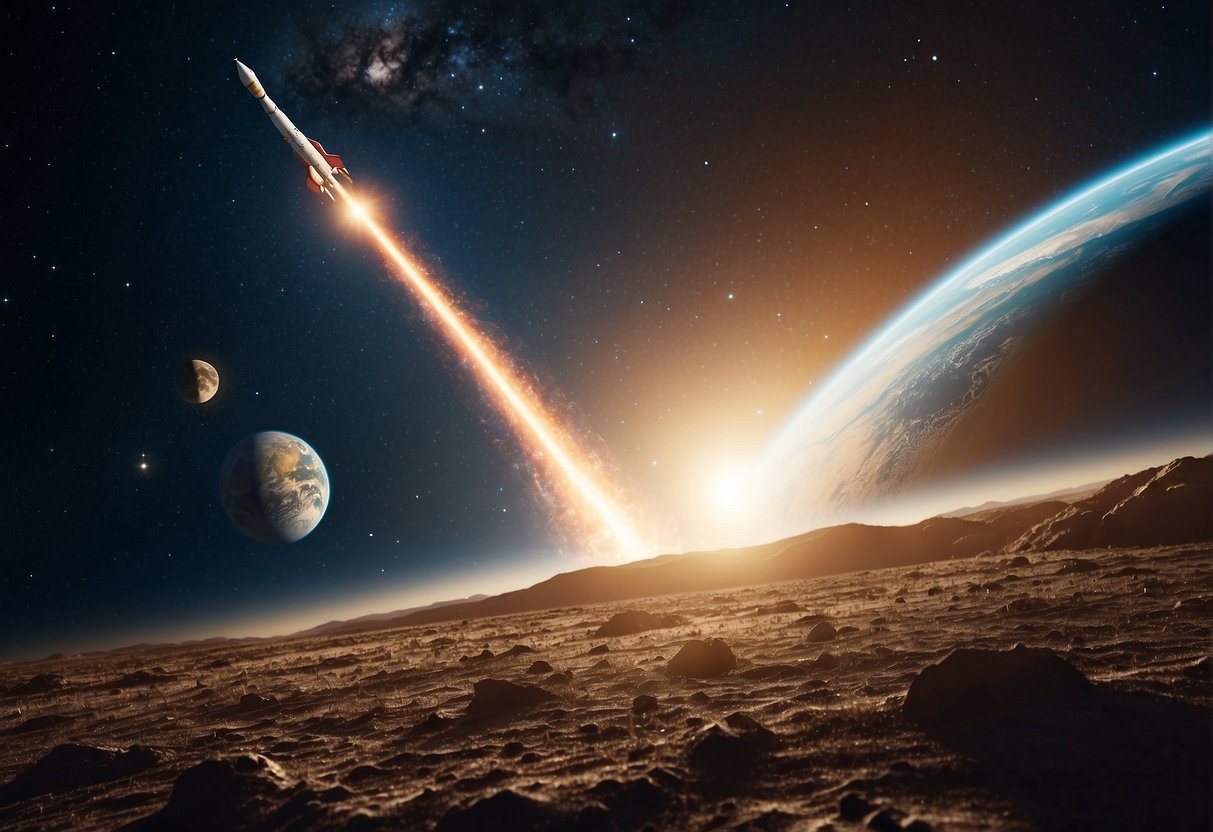 A rocket launches into the starry sky, leaving Earth behind. The moon and distant planets are visible in the background, symbolizing the future of space exploration