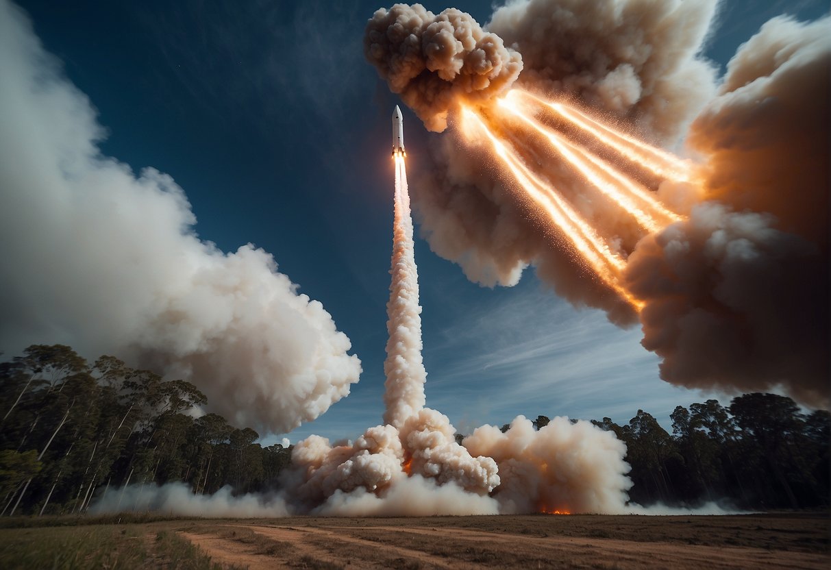 A rocket launches into space, leaving a trail of fire and smoke behind. The Earth looms large in the background, highlighting the significance of mankind's foray into space exploration
