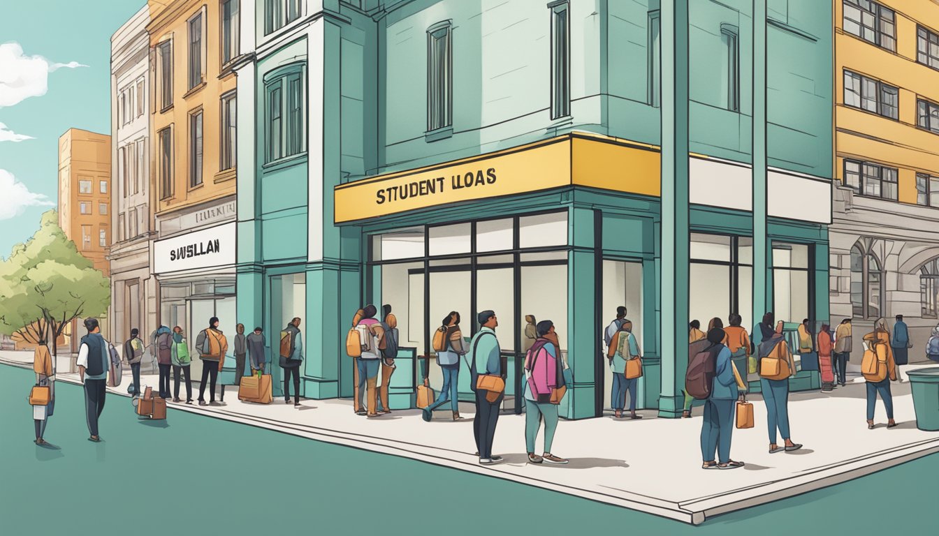 A line of people waits outside a bank, holding paperwork. A sign reads "Student Loans Available." Buildings in the background indicate a city setting
