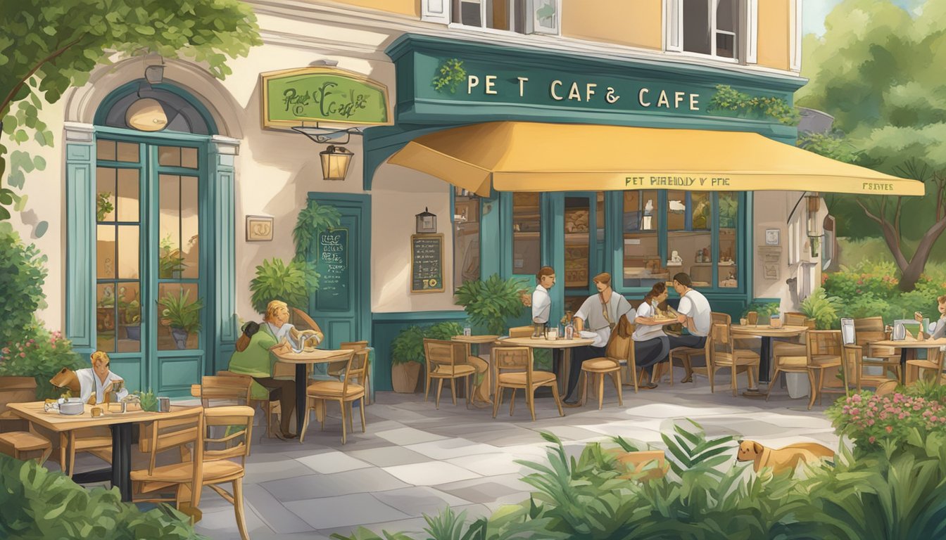 Dogs dine on outdoor patio, surrounded by lush greenery. Waiters serve water and gourmet pet treats. A sign reads "Pet Friendly Cafe."