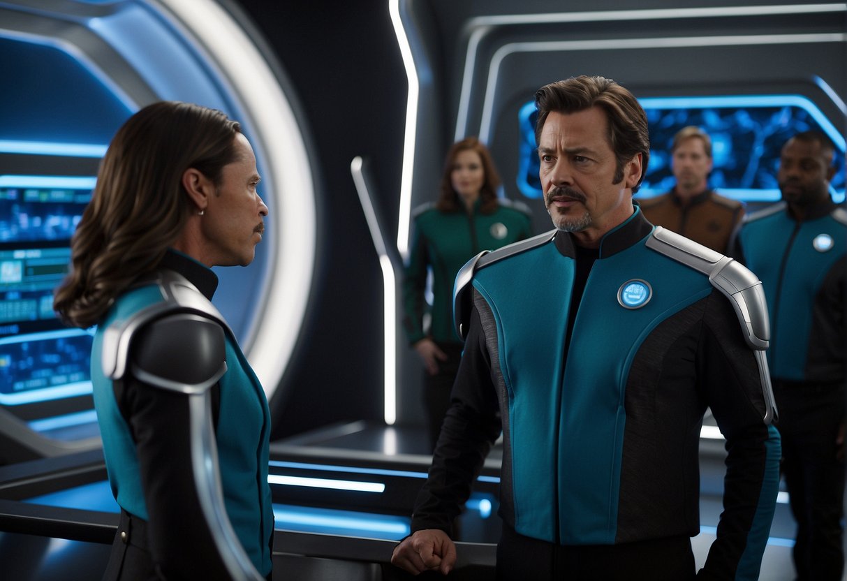 The crew of The Orville collaborates on a complex scientific problem, debating and brainstorming solutions in a high-tech, futuristic setting