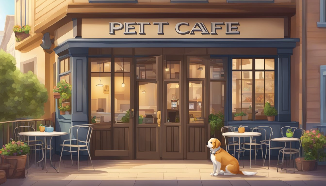 A cozy cafe with a welcoming atmosphere, outdoor seating, and a designated area for pets. A sign at the entrance proudly states "Pet-Friendly Cafe."