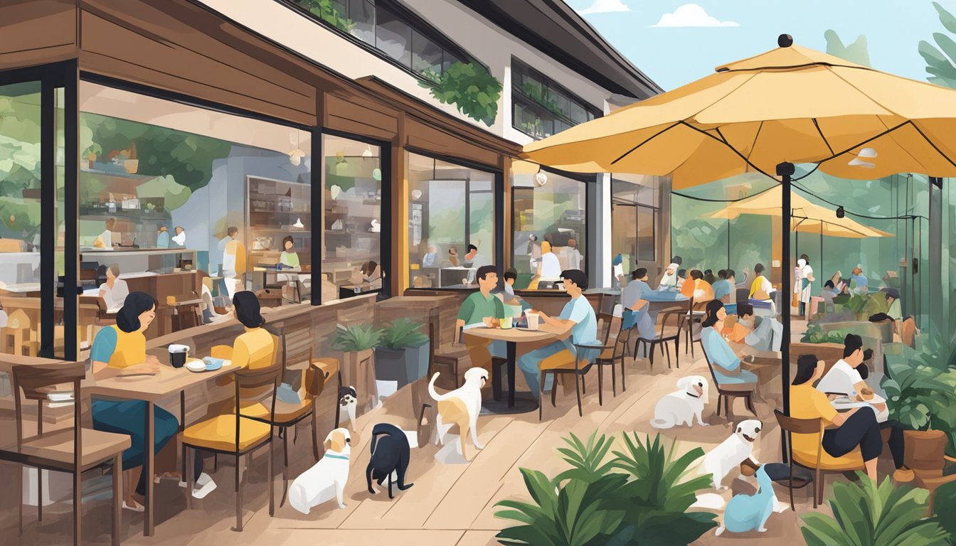 A bustling pet-friendly cafe in Bukit Timah, with dogs lounging on outdoor patio, while owners enjoy coffee and conversation