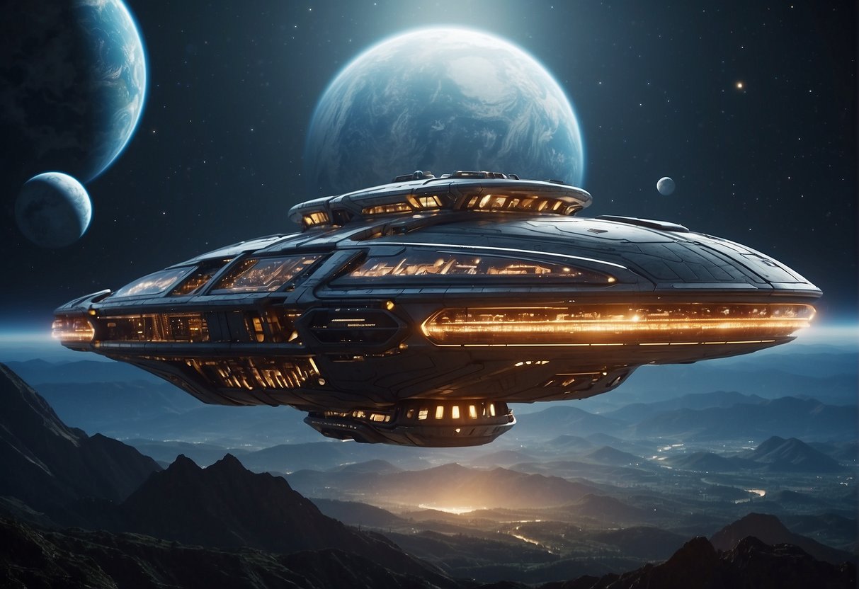 A futuristic spaceship orbits a planet, with advanced technology and alien life forms. The ship's design reflects a balance between scientific plausibility and creative imagination