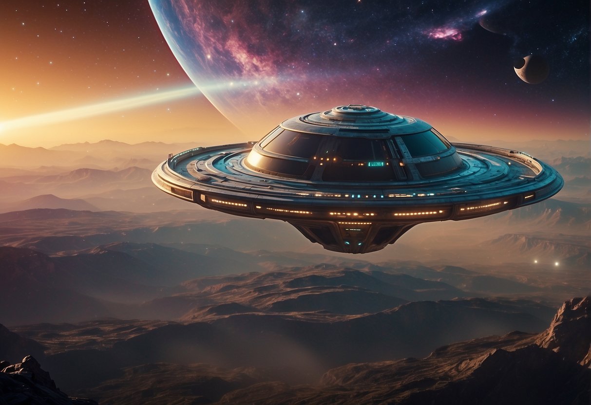 A futuristic spaceship hovers above a vibrant alien planet, surrounded by swirling nebulae and distant stars, showcasing the balance of science fiction and scientific plausibility in "The Orville."