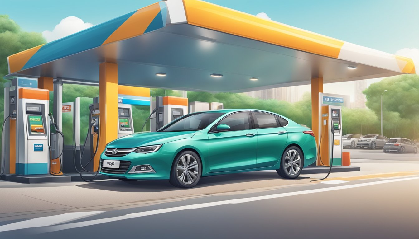 A car at a petrol station in Singapore, with a credit card being swiped at the pump
