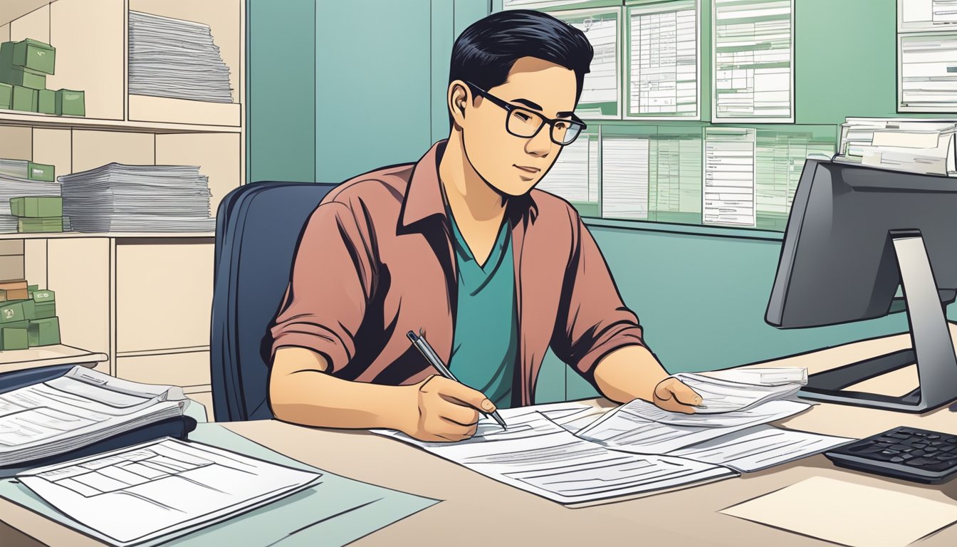 A work permit holder fills out a loan application form at a Singapore money lender's office. The criteria for loan applications are displayed prominently, and instructions on how to apply for a loan are provided