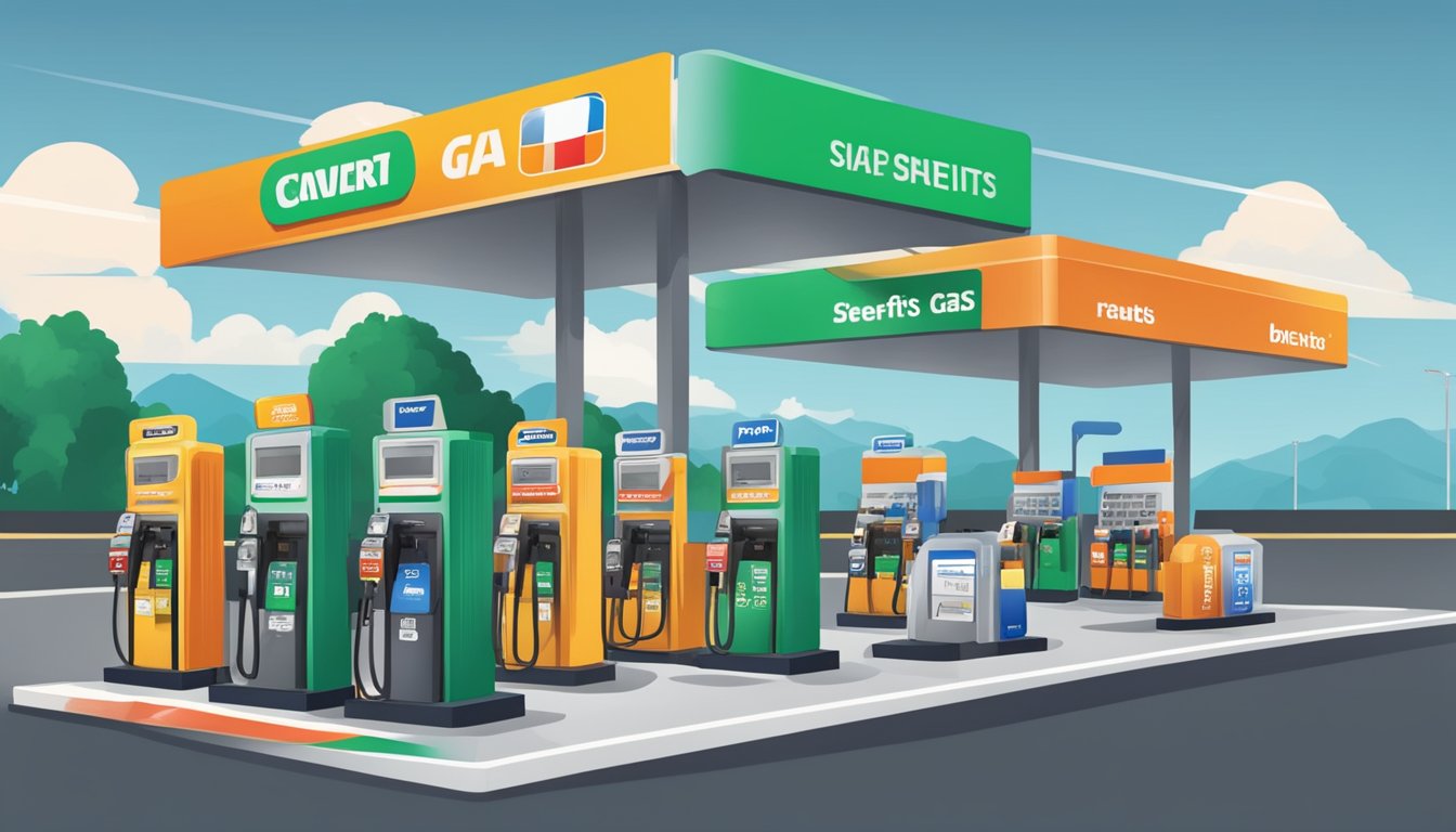 A gas station with multiple credit cards displayed, each with their benefits listed. The cards are arranged neatly on a counter, with a backdrop of fuel pumps and a convenience store