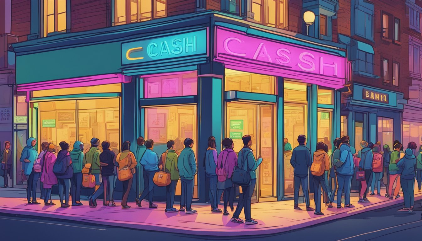 The money lender stands on a busy street corner, with a line of people waiting outside. Bright neon signs advertise quick cash, but hidden fees and high interest rates loom ominously