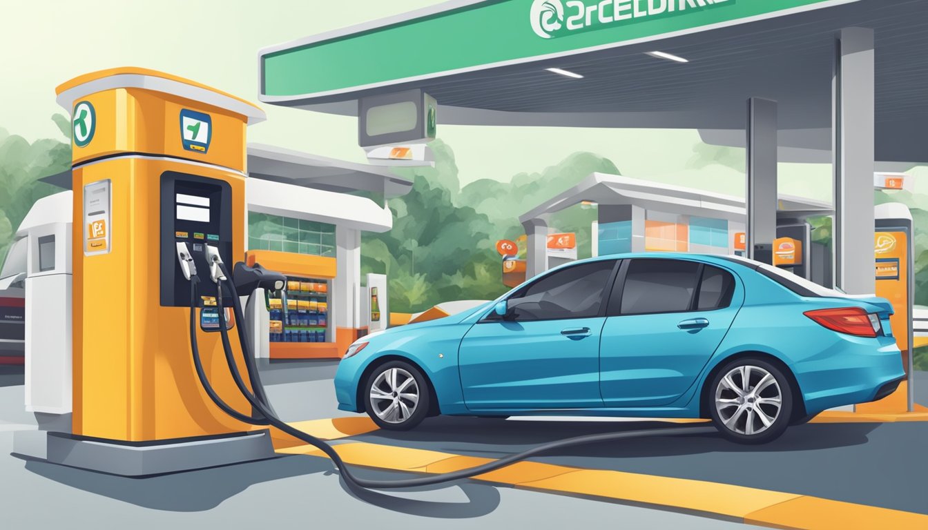 A car at a gas station, with a credit card being swiped at the pump, displaying a logo for a petrol credit card in Singapore