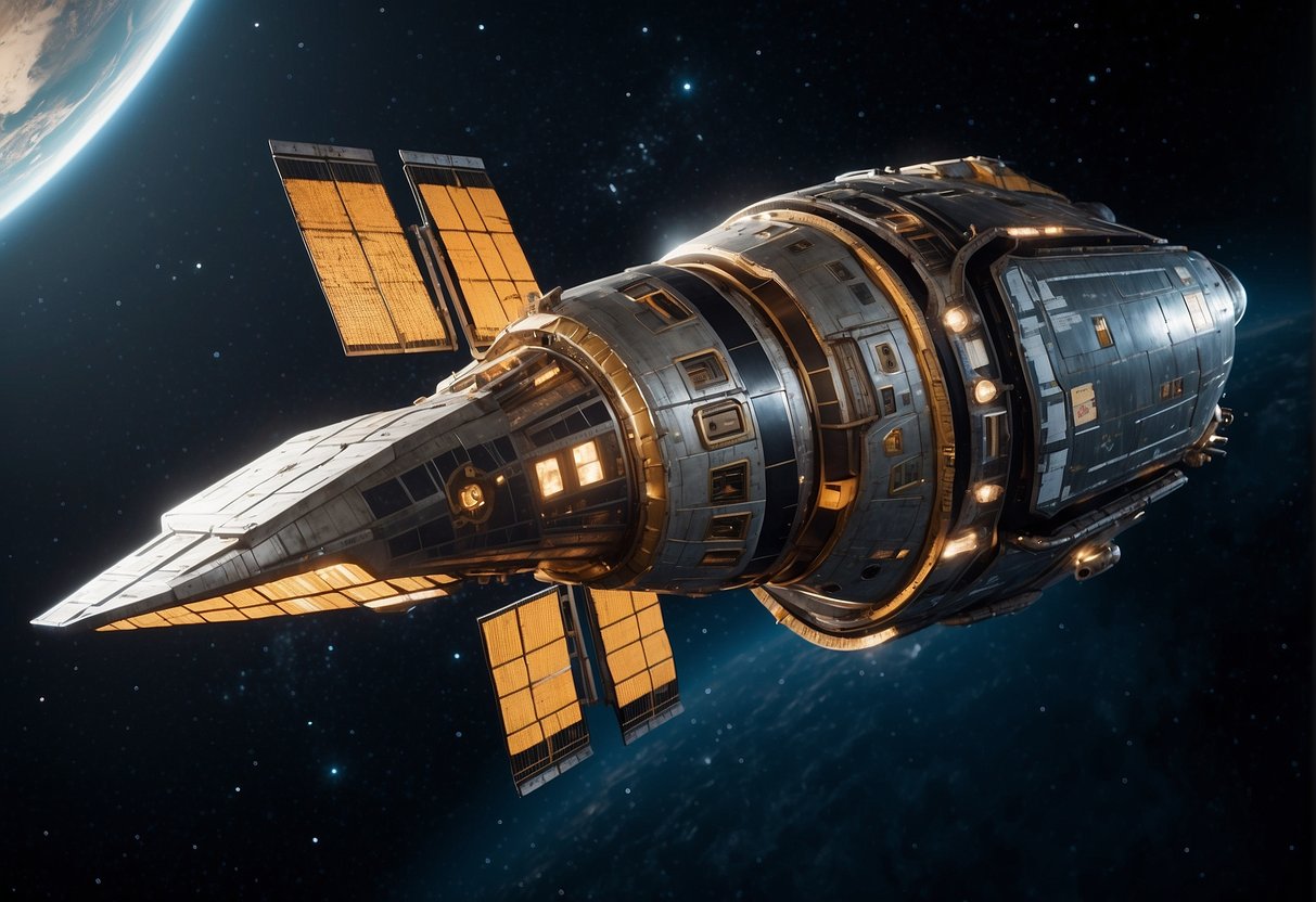 A sleek, asymmetrical spacecraft floats in the vacuum of space, its engines glowing as it maneuvers through the stars. The hull is adorned with patches and worn paint, a testament to its years of travel and adventure