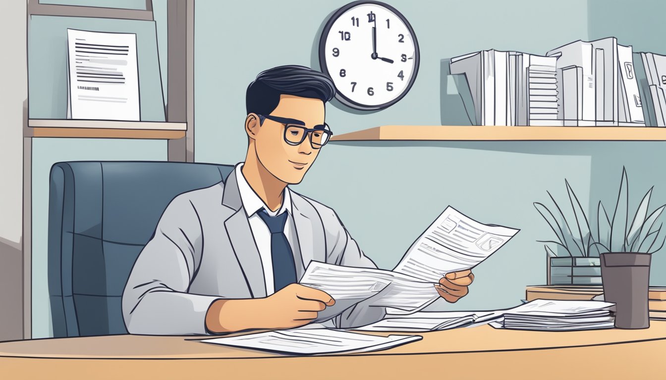 A work permit holder sits at a desk, filling out a loan application form. A Singapore money lender reviews the documents and discusses the terms with the applicant