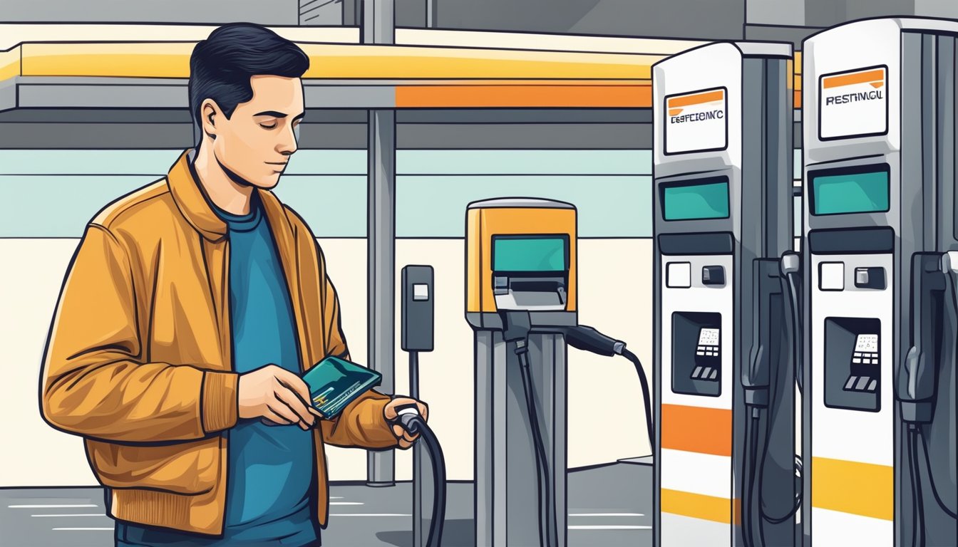 A person swiping a petrol credit card at a gas station pump