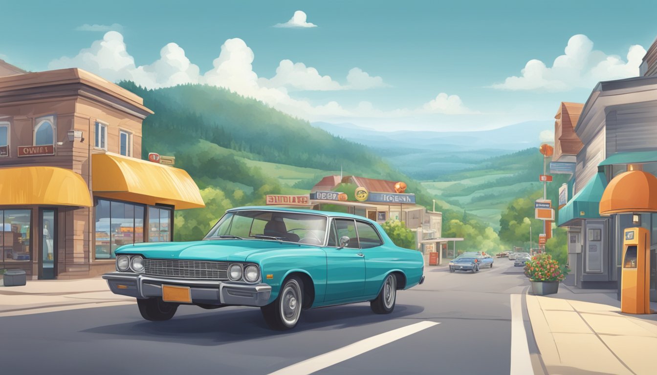 A car driving through a bustling city, passing by gas stations and heading towards scenic countryside