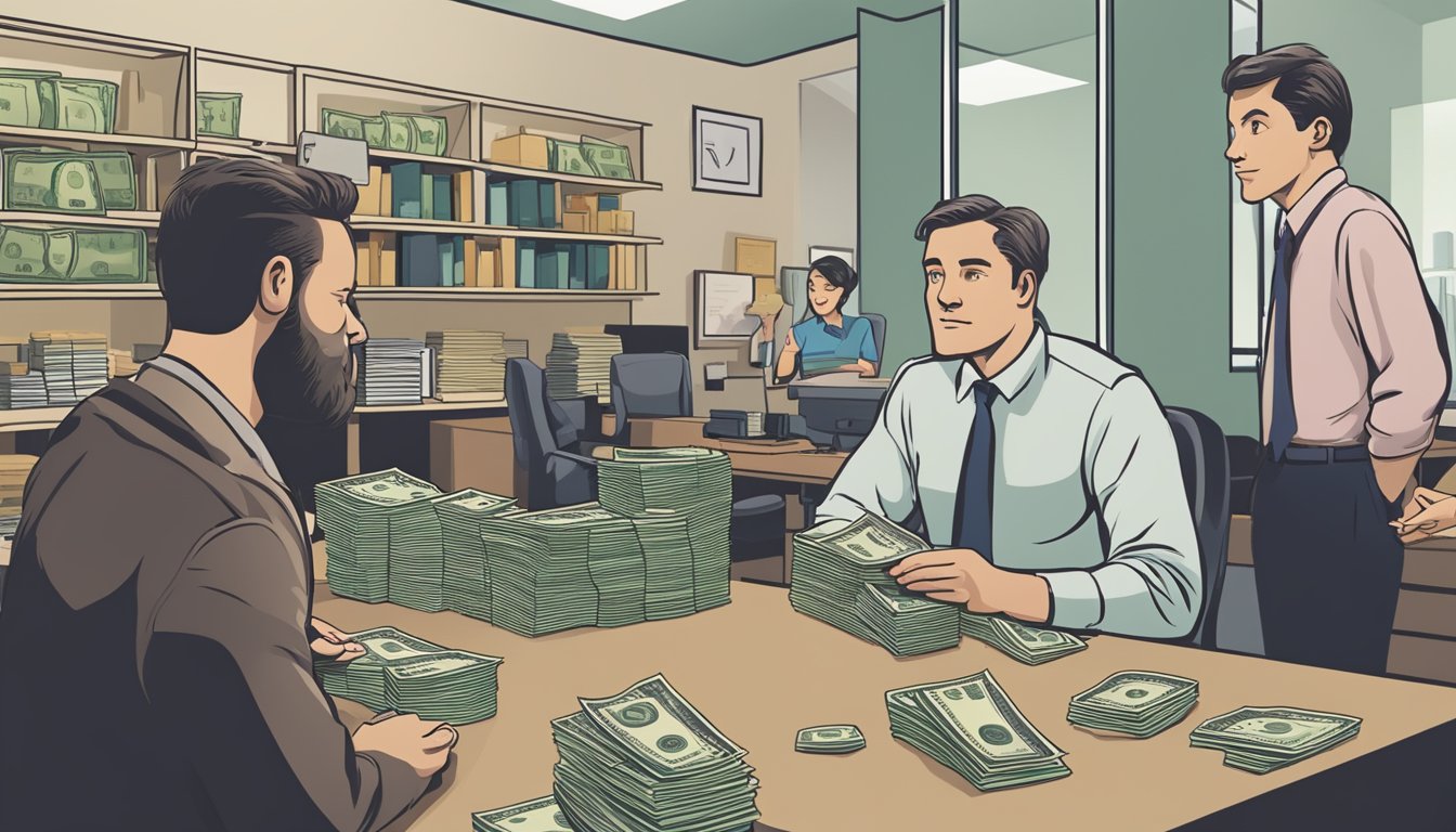A money lender's office bustling with clients, offering quick cash but high interest rates. A customer counting money with a worried expression, while another looks relieved after receiving a loan