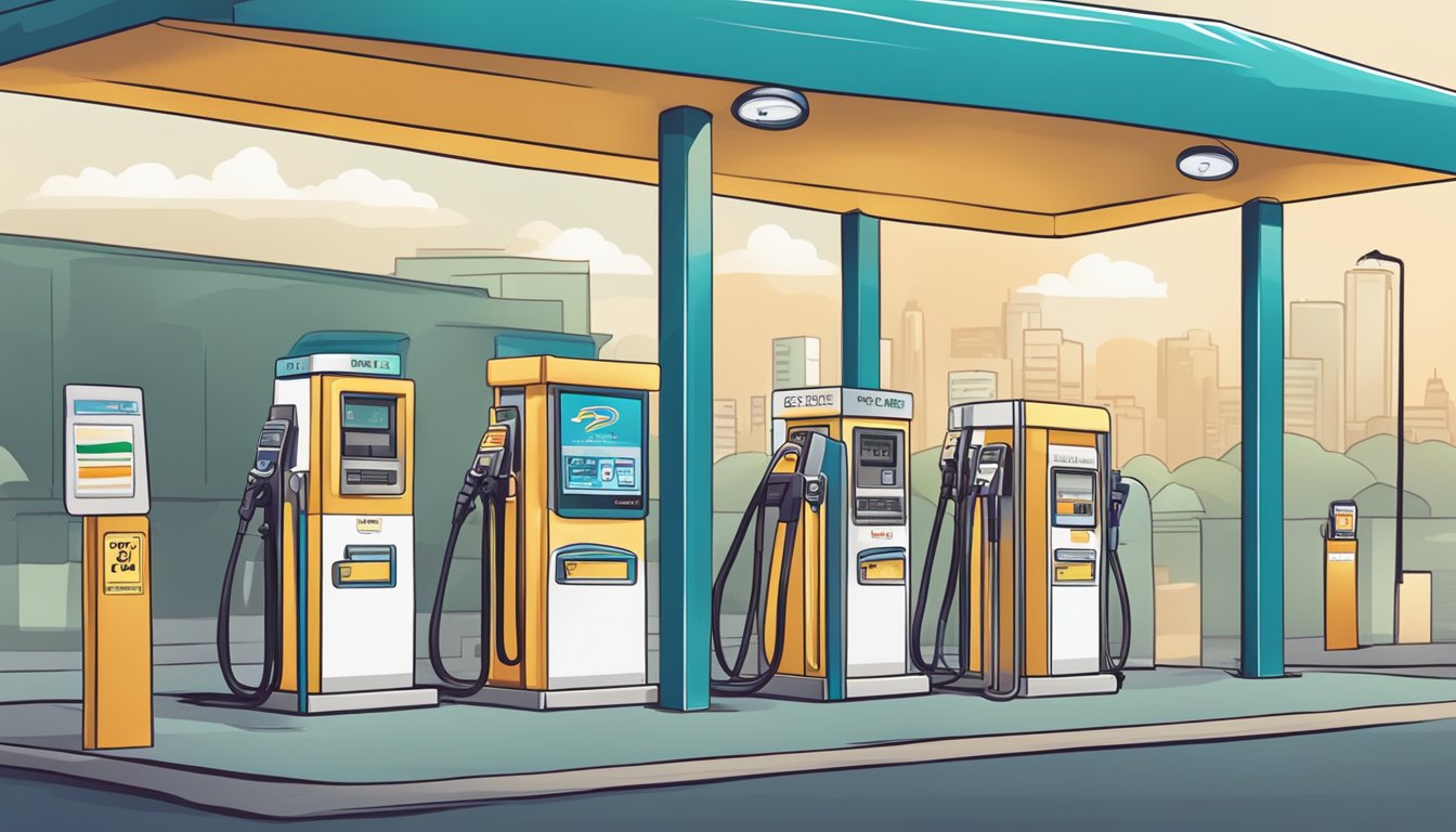 A petrol pump with a credit card inserted, surrounded by frequently asked questions about the petrol credit card in Singapore