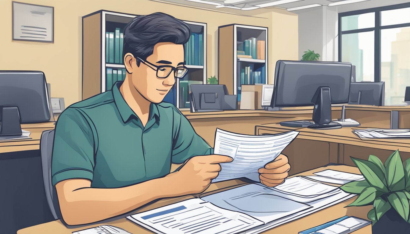 An expatriate holding a work permit applies for a loan at a Singapore money lender's office. The expatriate is filling out paperwork while the lender reviews their application