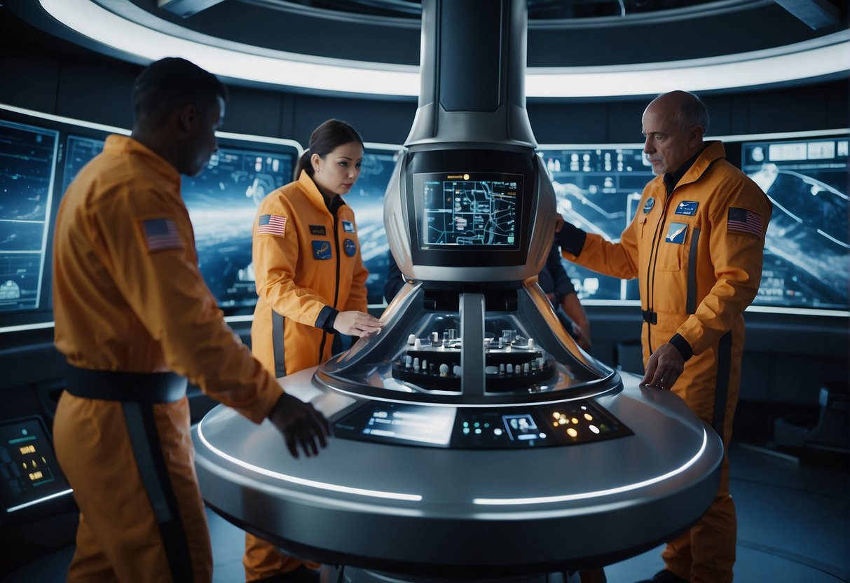 A spaceship crew prepares for launch, surrounded by futuristic technology and equipment. The atmosphere is tense yet focused, as each member of the team carries out their tasks with precision and determination