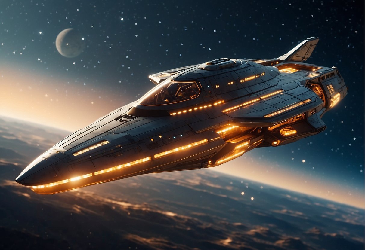 A spaceship accelerates through a starry expanse, its sleek design and glowing engines hinting at advanced propulsion technology. The ship is surrounded by a subtle distortion of space, indicating the use of theoretical physics for faster-than-light travel