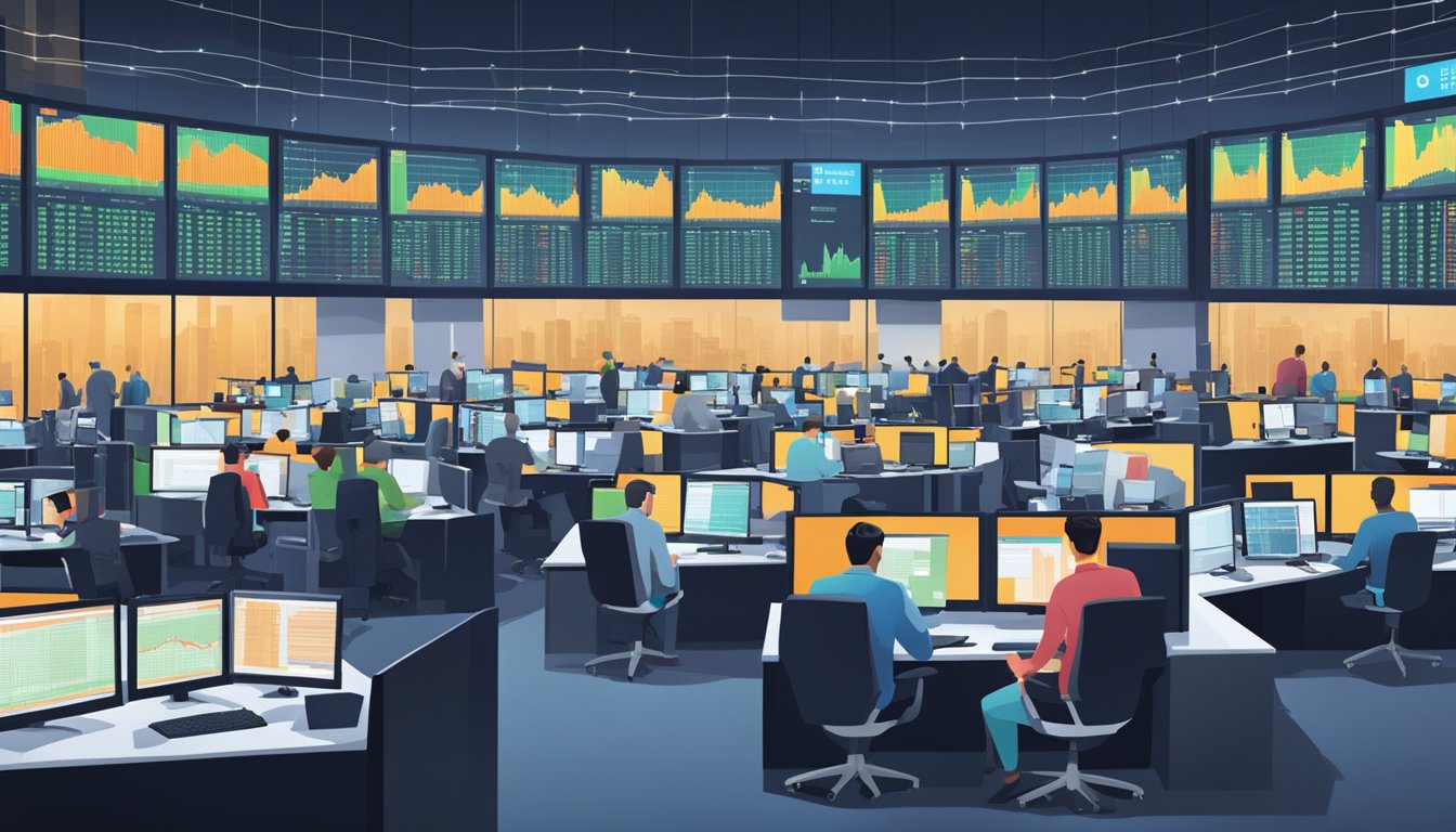 A bustling trading floor with digital screens displaying stock prices and traders analyzing data on their computers