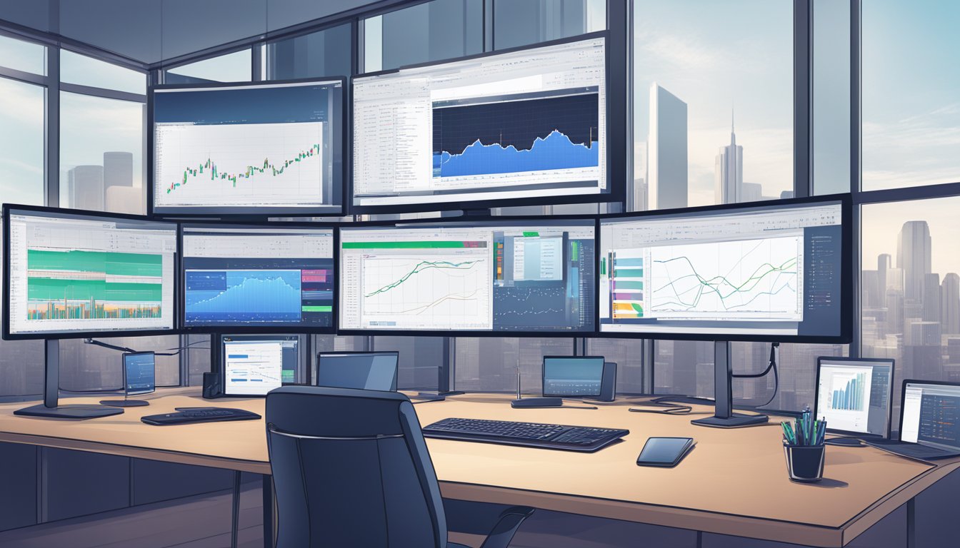 Multiple computer screens displaying top trading platforms, with charts, graphs, and real-time data. A desk cluttered with notebooks and pens, surrounded by a modern office setting