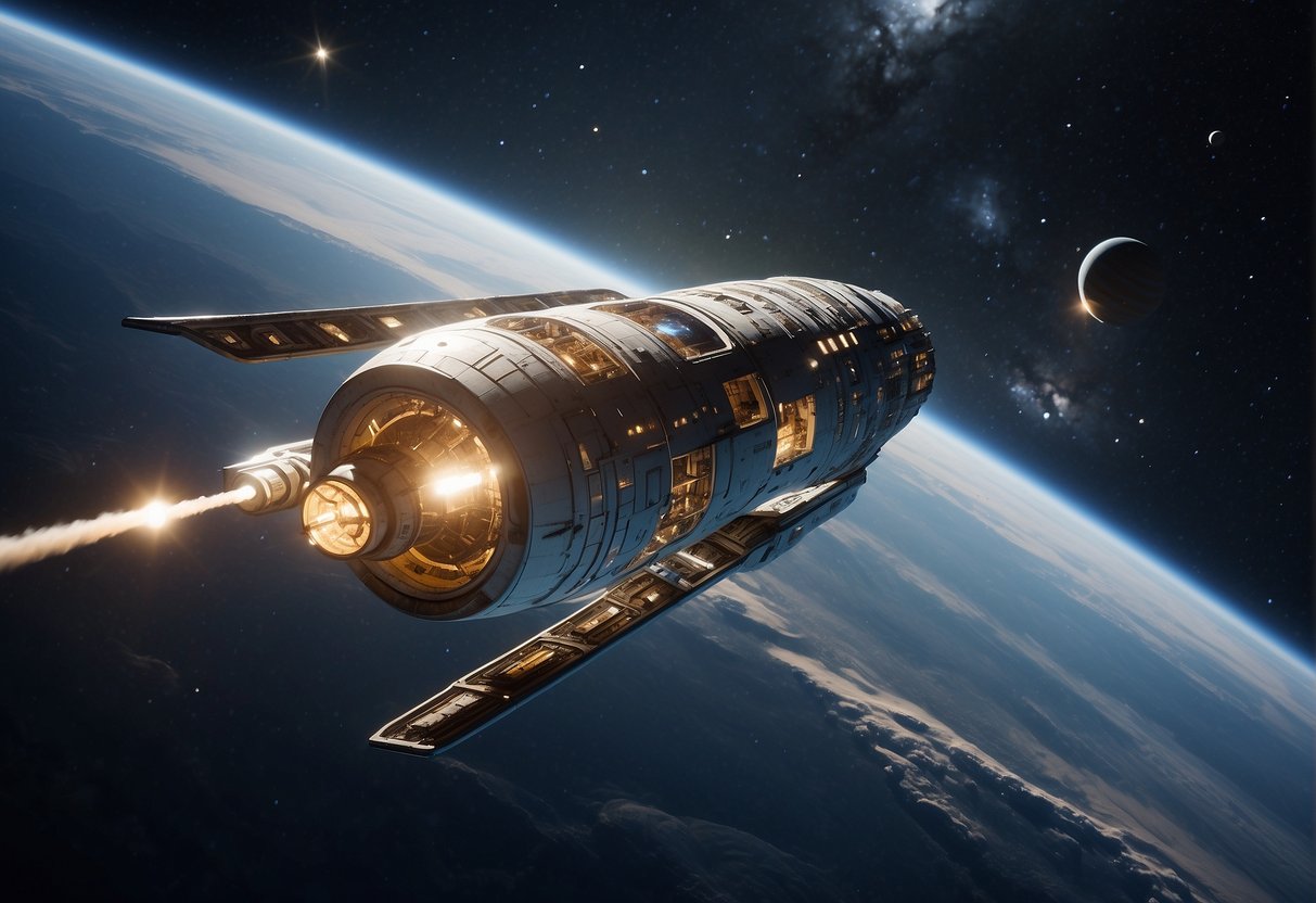A spaceship drifts through the vastness of space, surrounded by twinkling stars and distant galaxies. Appendices and references float in zero gravity, with the title "Serenity: The Physics of Space Flight in the 'Verse" prominently displayed