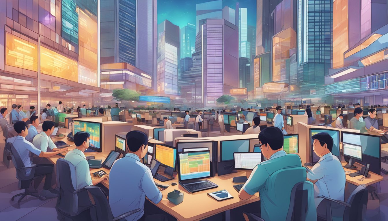 Traders engage in stock market activities on digital platforms in bustling Singapore