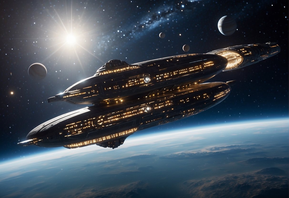 A spaceship glides gracefully through the vast expanse of space, surrounded by twinkling stars and distant planets. The ship's sleek design and advanced technology hint at the incredible physics of space flight in the 'Verse
