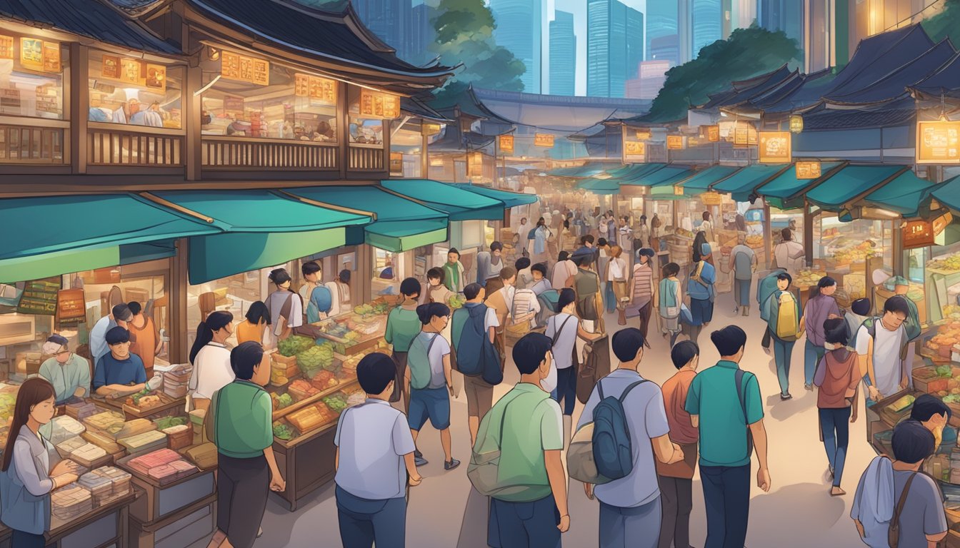 A bustling marketplace with various traders and customers seeking information, with signs and banners promoting frequently asked questions about popular trading platforms in Singapore