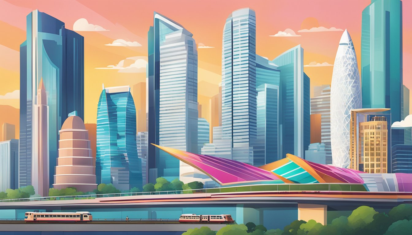 A vibrant cityscape with iconic Singapore landmarks, featuring the POSB logo prominently displayed on a modern building