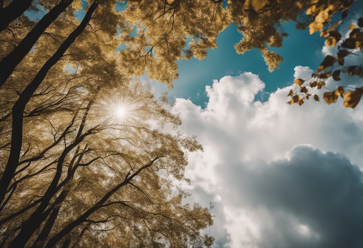 The wind whips through the trees, causing the leaves to rustle and swirl in the air. Clouds race across the sky, creating a dynamic and ever-changing pattern