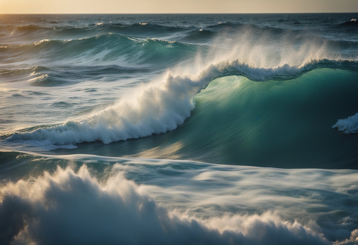 The ocean responds to seasonal changes with varying turbulence, depicted through swirling currents and shifting water patterns