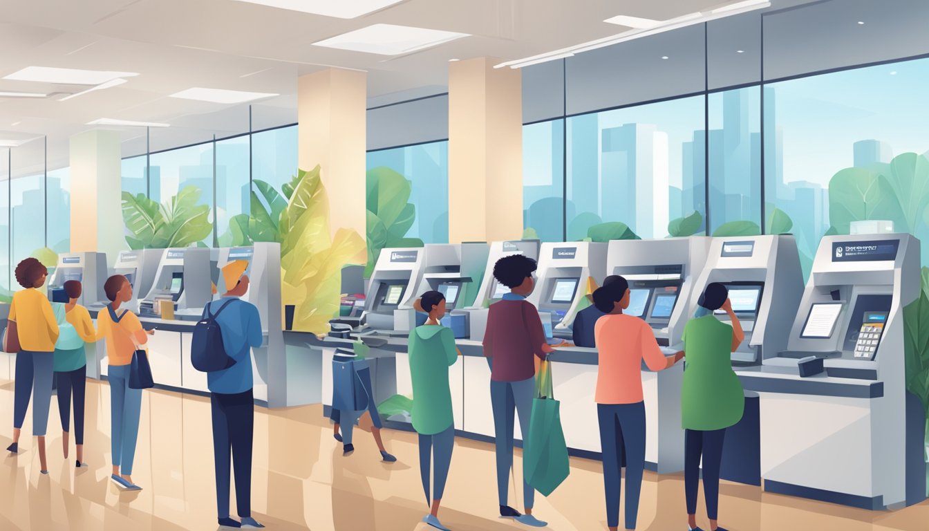 A bustling bank branch with customers at teller counters, ATMs, and self-service kiosks. Staff members assist with account transactions and inquiries