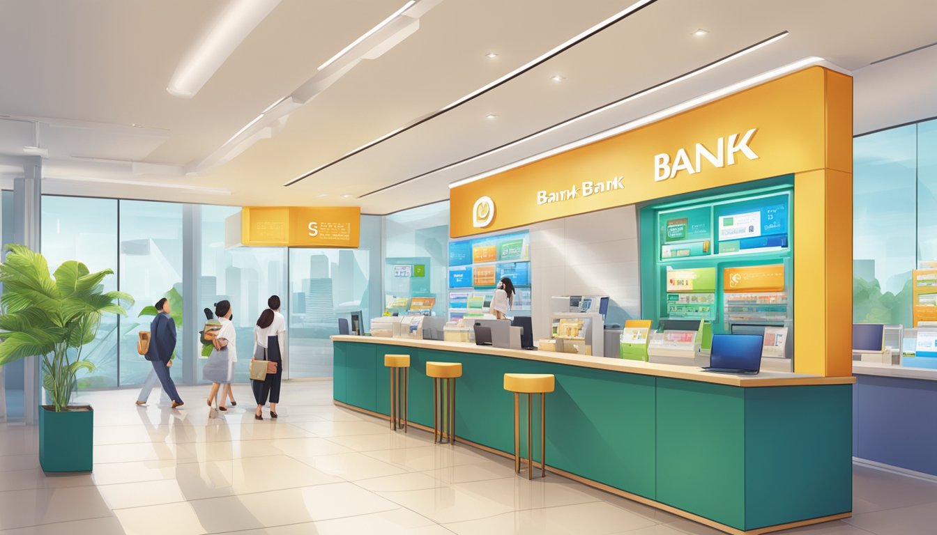 A vibrant bank branch with various financial products on display, including POSB accounts and Singaporean currency