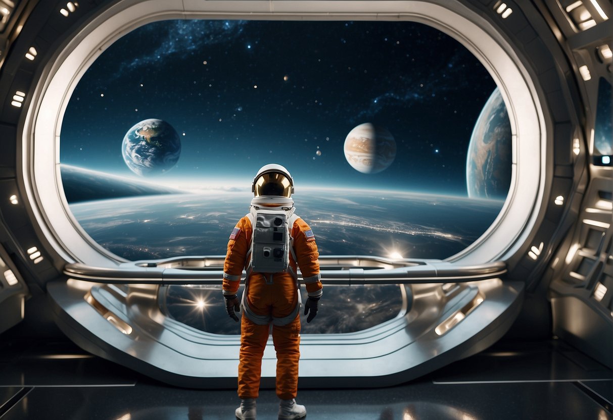 An astronaut explores a futuristic space station, with planets and stars visible through large windows. Educational displays and interactive exhibits engage visitors